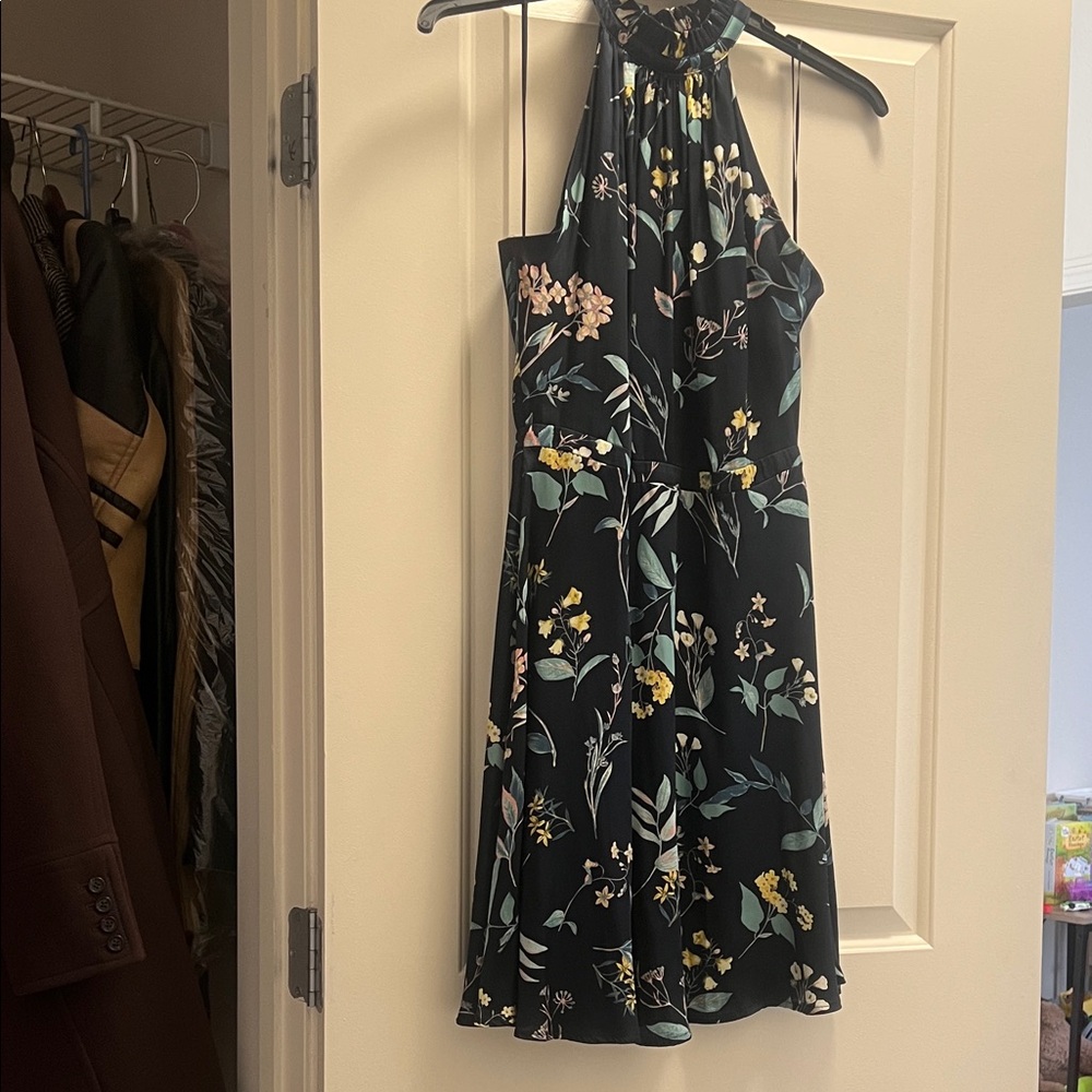 Banana Republic Silky Floral Halter Midi Dress Size 8 | Navy Botanical Print